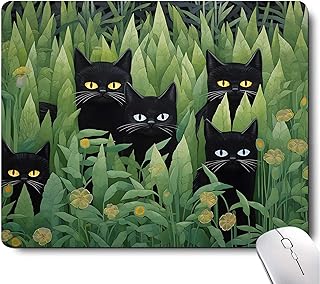 Cute Cat Mouse Pad Plants Mouse Pads for Desk,Cool Desk Pad Keyboard Mat Kawaii Black Cat Flower Non Slip Rubber Base Mouse Pad for Office Laptop, Landscape Mouse Pad,Square Mouse Mat
