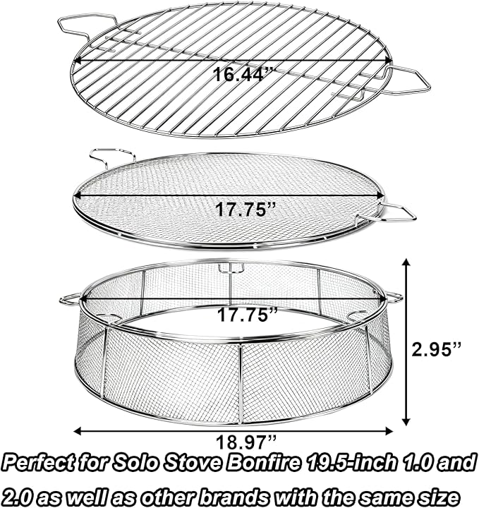 Fire Pit Spark Shield Cover & Cooking Grate for Solo Stove Bonfire 19.5 Inch, 304 Stainless Steel Fire Pit Accessories with Stand & 2 Guide Sticks, All-in-One Lid, Spark Screen and Grill Grate