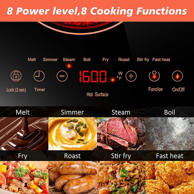 2 Burner Electric Cooktop 110v, 24 Inch Electric Stove Countertop & Built-in, Plug-in Electrics Cooktop, 8 Power Levels & 8 Functions, Touch Control, Safety Lock, Timer, 2000W, Orange