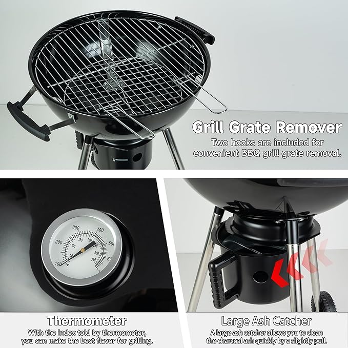 Charcoal Grills 18 inches Kettle Grill with Lid&Large Ash Collector,Outdoor Barbecue Grill for Camping/Garden/Party/Poolside
