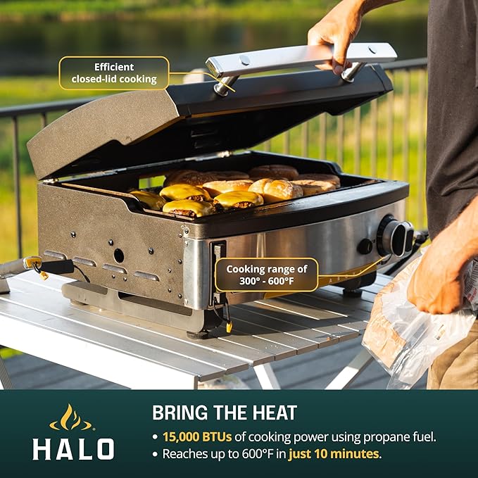 HALO Elite1B Outdoor Griddle | 2 Cooking Zones | 284sq. In. (21″ x 13.53″) Wind-Proof Cooking Surface | Portable Flat Top for Camping, Tailgates, and Patios | Propane Gas Grill | HZ-1007-ANA