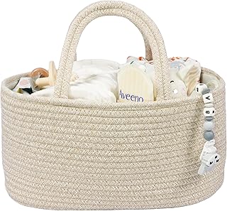 Baby Diaper Caddy Organizer for Girl Boy Cotton Rope Nursery Storage Bin Basket Portable Holder Tote Bag for Changing Table Car Travel Baby Shower Gifts Newborn Registry Must Have Items oatmeal