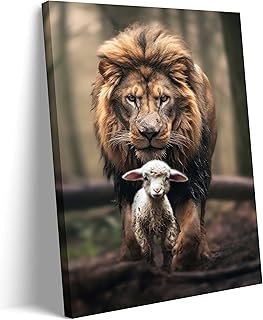 Framed Lion and Lamb Canvas Wall art Christian Jesus Lion King Poster Print God Religious Artwork Church Wall Decor Pictures for Living Room Bedroom Decoration