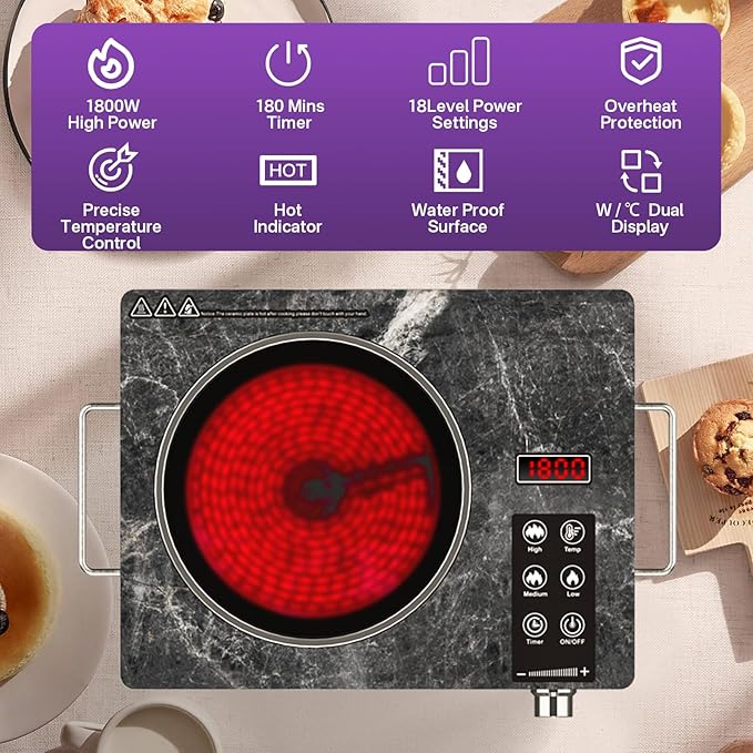 1800W Single Burner Electric Cooktop, Portable Infrared Ceramic Hot Plate with Marble Glass, Touch & Knob Control, Plug-in Stove for All Flat Cookware