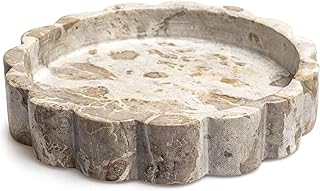 Beige Scalloped Marble Tray - 8 Inch Round Stone Vanity Tray for Perfume & Jewelry, Marble Dish for Bathroom Countertop & Kitchen Counter, Brown Decorative Tray for Bathroom & Kitchen, Modern Catchall