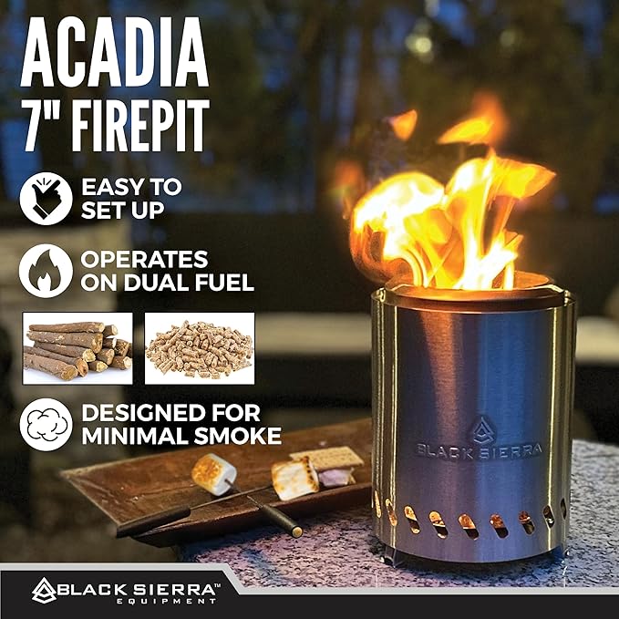 Black Sierra Tabletop Smokeless 7" Firepit, Mini Firepit Burns Wood Pellets, Stainless Steel for Camping, Outdoor & Patio, Wood Burning Portable Bonfire Perfect for Smore's