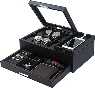 Mens Jewelry Box Valet Tray with Drawer and Charging Station Organizer,Nightstand Organizer for Men Jewelry Tray,Catchall Tray for Men Accessories