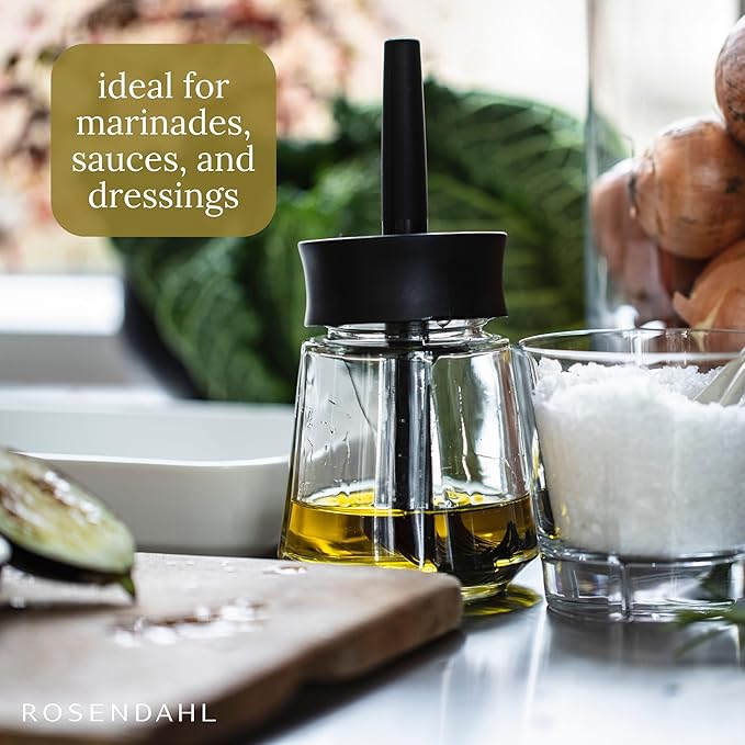 Rosendahl Grand Cru 8.1 in. Marinade Glass with Brush - Stylish Black Glass Jar with Flexible Lid and Soft-Touch Silicone Brush, Perfect for Mixing and Storing Marinades, Leak-Proof Kitchen Essential