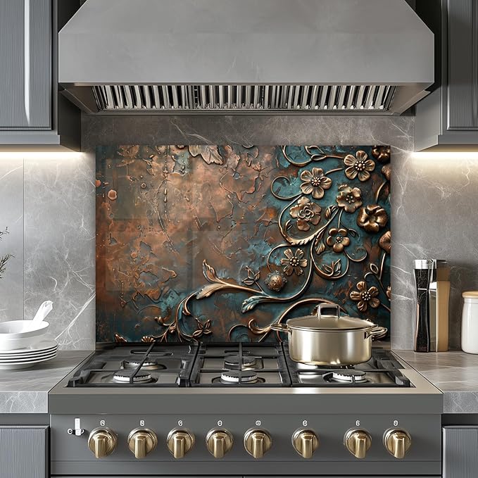 LMSDYSHU Tempered Glass Backsplash for Kitchen, Retro Plum Blossom, Frameless, Stove Backsplash Protector for Wall,Easy to Clean, Home Decor (30"x14")
