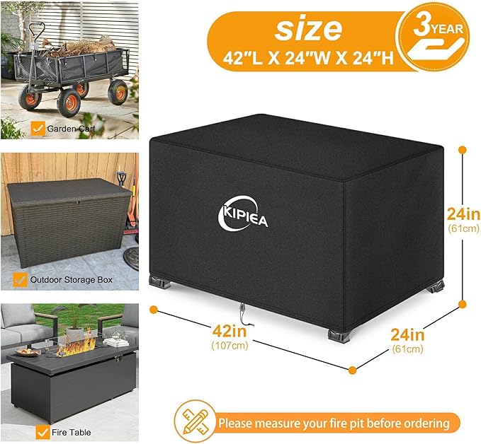 Kipiea Rectangular Fire Pit Cover – Upgraded 600D Heavy Duty, 100% Waterproof Propane Fire Table Cover, UV and Tear Resistant Outdoor Fire Pit Table Cover for 42" L x 24" W x 24" H, Black