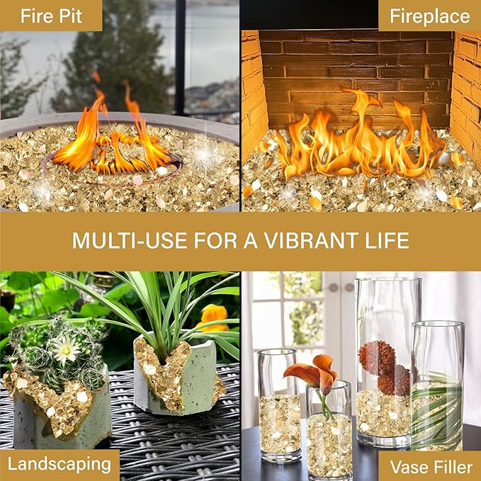 NUPICK 5 Pound Fire Glass, 1/2 Inch Reflective Fire Pit Glass, Tempered Firepit Glass Rock for Propane or Natural Gas, Glass Rocks for Fire Pit Table, Fireplace Glass for Landscaping, Gold