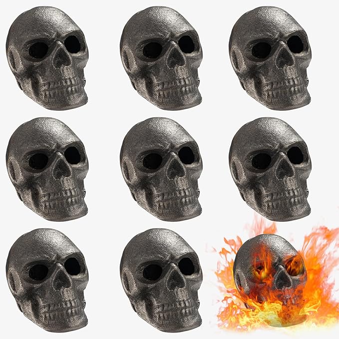 Metal Human Skull Gas Log Set of 8 for Indoor or Outdoor Fireplaces, Fire Pits, and Halloween Decor, Fireproof & Refractory Creepy Skull Charcoal for Spooky Home Decoration, Durable for 10+ Years Gift