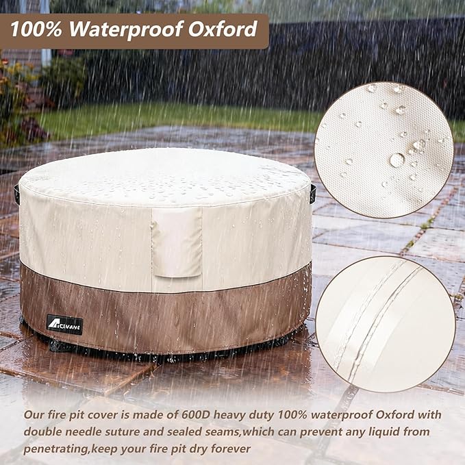 Fire Pit Cover Round 50 Inch Waterproof,Outdoor Heavy Duty Durable 600D Tear-Resistant Fire Pit Table Cover,Patio Round Firepit Cover 50" D x 24" H, Beige