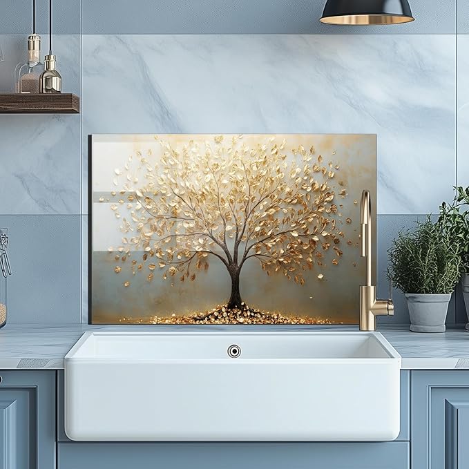 Evgosm tempered glass backsplash, Tree of Life Splashback, Glass Backsplash, Used for Kitchen Wall Protection and Decoration, Easy to Install and Clean. (30x14'')