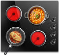 4 Burners Electric Stove Top with Knob Control,24 Inch,6000W Built-in Radiant Electric Cooktop, 9 Power Levels, Hot Warning, 220V Hard Wire(No Plug)