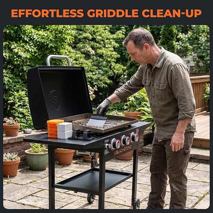 10-Piece Griddle Cleaning Kit for Blackstone, Flat Top Grill | Stainless Steel Scraper, 2 Cleaning Bricks, 5 Scouring Pads & 2 Ergonomic Handles | Grill Cleaning kit for Easy Restoration