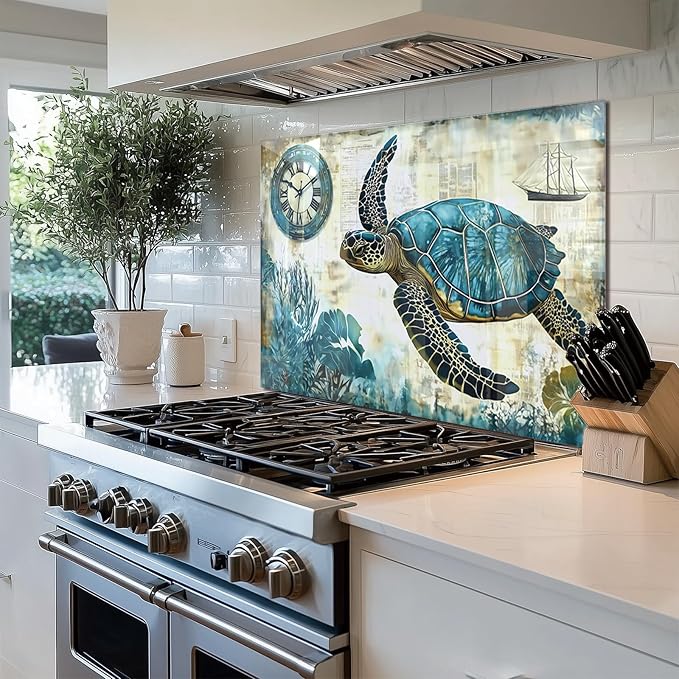 fzxwyishu Beach turtle Tempered Glass Kitchen Backsplash, Stove Back Top Cover, Splashback Tile, Kitchen Sink Cover Splash Guard, Home Kitchen Decor (30"x18"(76.2x45.72cm))