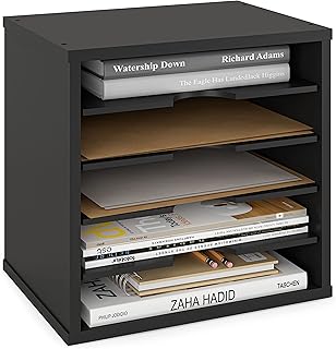 Ballucci 5-Tier File Organizer for Desk, Wooden Mail Sorter, Office Desk Organization, Paper Storage Organizers, Folder holder for desk, Letter Trays & Stacking Supports, Adjustable Shelves, Black