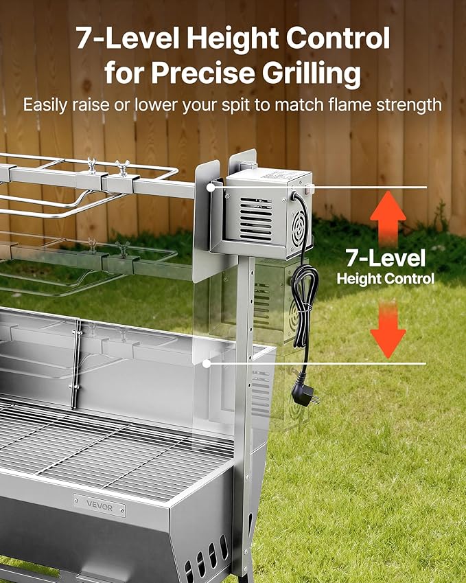VEVOR Rotisserie Grill, 37in BBQ Outdoor Pig & Lamb Spit Roaster, Charcoal Spit Roaster with 132 LBS Load Capacity & 7-Level Height, Stainless Steel Electric Rotisserie Grill Kit for Camping Outdoor