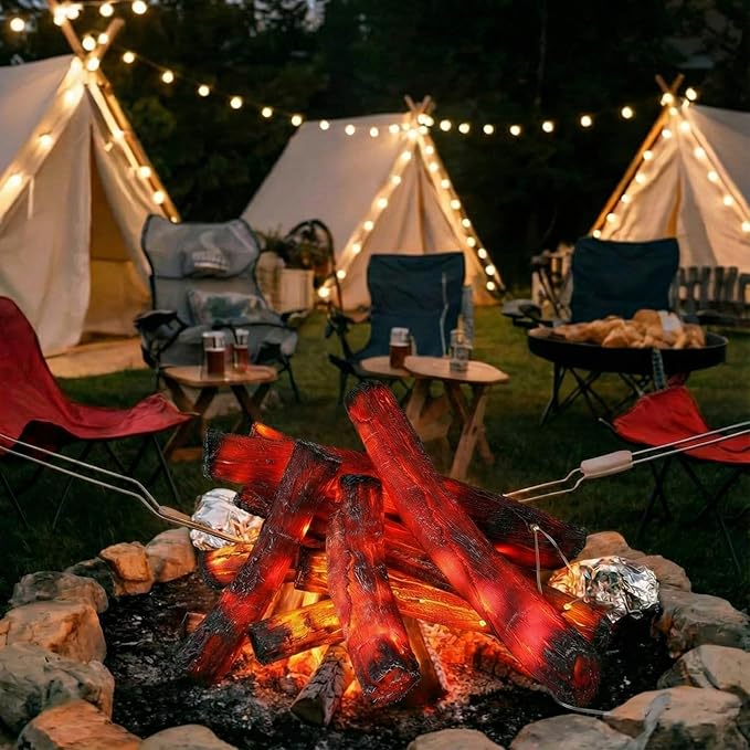 Tuanse 10 Pcs 8.7 in, 16 in Flameless Fake Fire Log Spring Summer Beach Camping Themed Party Decorations Fake Campfire Battery Operated Artificial Fire Pit for 4th of July Easter Party Decor