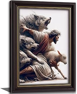 Vintage Black Gold Framed Jesus and Lamb Canvas Wall Art Jesus Saves the Lost Sheep Christian Picture Wall Decor Shepherd Protect a Lamb from Wolves Painting Poster Print Artwork for Bedroom Church