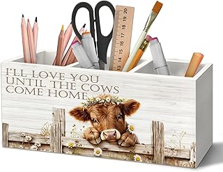 Highland Cow Pen Holder Organizer for Desk Accessories, I Will Love You Till the Cows Come Home Farmhouse Wooden Box Sign Desk Decorations for Home Bedroom Office Decor, Highland Cow Gifts