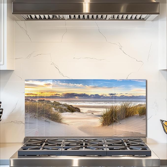fzxwyishu Tempered Glass Backsplash for Kitchen,Stove Splashback Protector Beach Scenery Design | Heat-Resistant Splash Board, Kitchen Wall Decoration (Art Deco 1, 30"x14"(76.2x35.56cm))