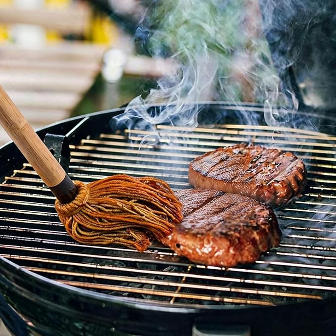 BBQ Mop Brushes for Sauce, Grill Basting Mop Wooden Long Handle BBQ Mop with 4 Extra Replacement Heads Perfect for BBQ Grilling Smoking Steak Marinade or Glazing (18 Inch)