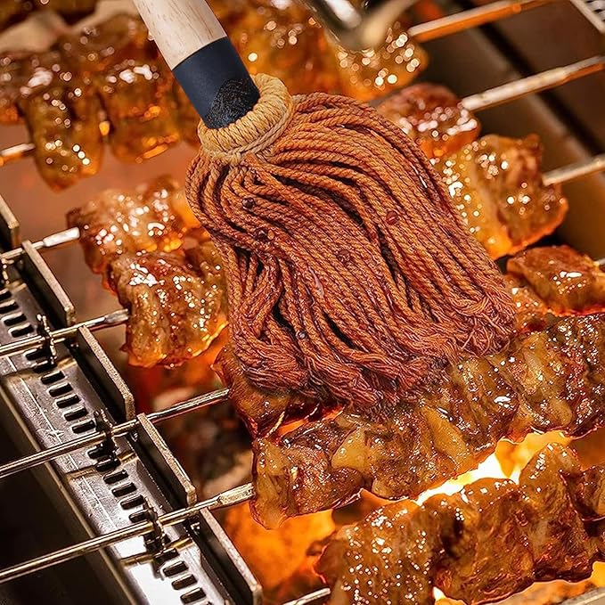 Donxote 18 Inch BBQ Mop Brush Set of 2, with 6 Extra Replacement Heads, Wooden Long Handle Cotton Head Mopping Basting Grill Sauce Perfect for Grilling Smoking Steak Marinade or Glazing