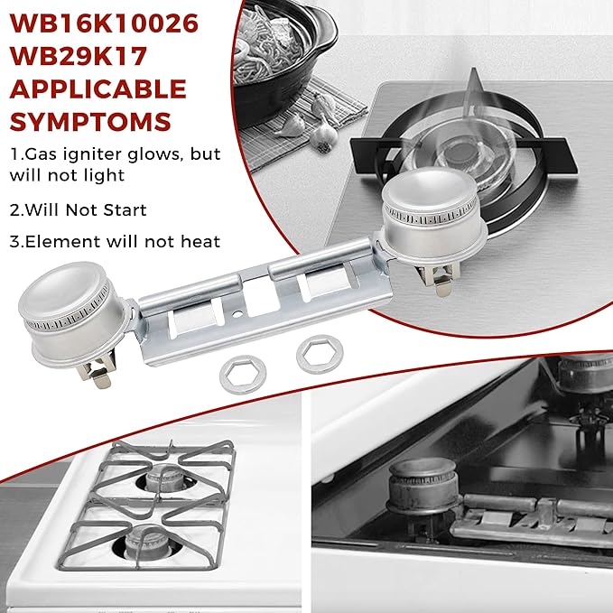 Double Burner Assembly WB16K10026 WB29K17 Double Stove Top Double Surface Burner Kit Replacement Compatible with General Electric Hot.point Gas Stove Range Assembly(2pack) by AMI PARTS
