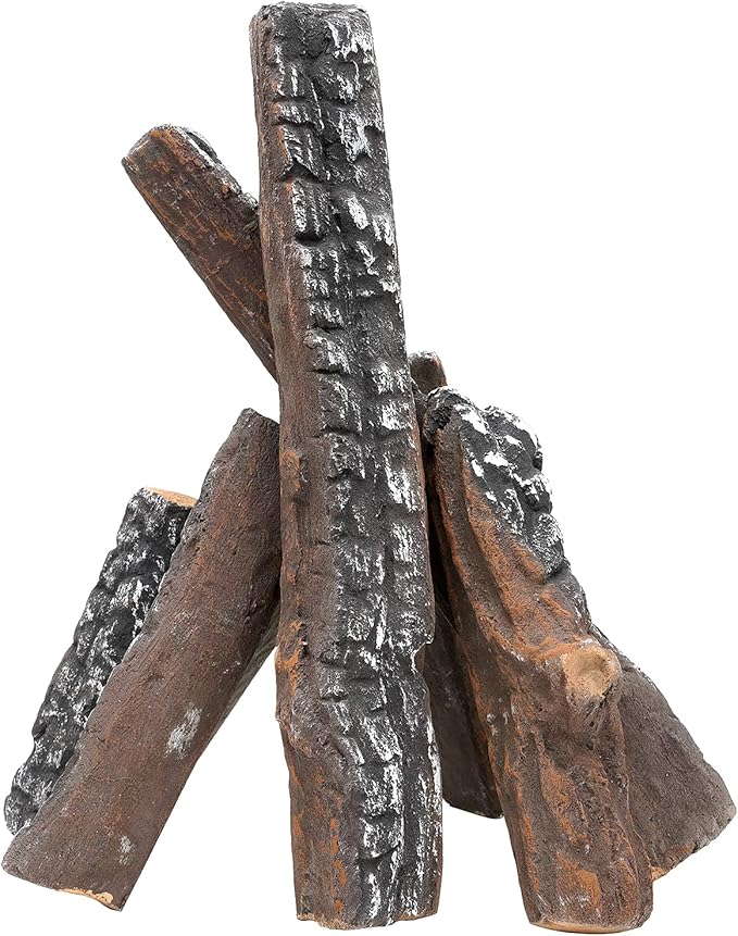 Skyflame 8 Small Piece Set of Ceramic Wood Logs and Accessories for All Types of Indoor Gas Inserts, Ventless & Vent Free, Propane, Gel, Ethanol, Electric or Outdoor Fireplaces & Fire Pits