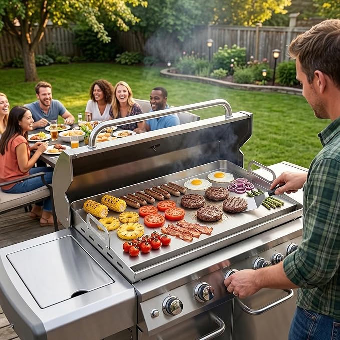 EUTRKei 23" x 16" Heavy-Duty Stainless Steel Griddle for Gas Grill & Stove Top - Reinforced Flat Top with Grease Groove, Effortless Cleanup for Backyard BBQ, Tailgating, Camping & Family Parties