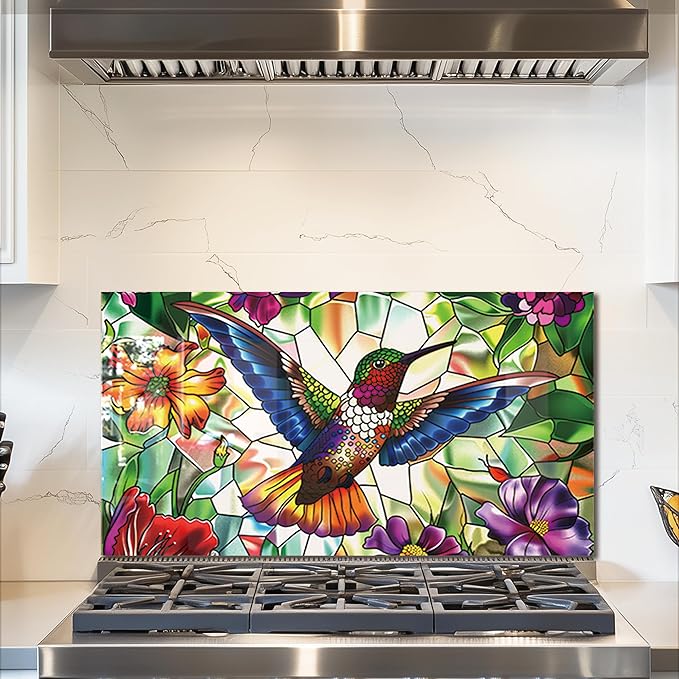 fzxwyishu Tempered Glass Kitchen Backsplash, Stove Back Top Cover, Splashback Tile,Hummingbird Kitchen Sink Cover Splash Guard, Home Kitchen Decor (Art Deco 2, 30"x16"(76.2x40.64cm))