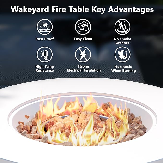 32.5 inch Round Propane Fire Pit, 50000 BTU Gas Fire Pit Table with Steel Lid, Waterproof Cover, 10ft Gas Hose & Gas Tank Base, Lava Rocks, White