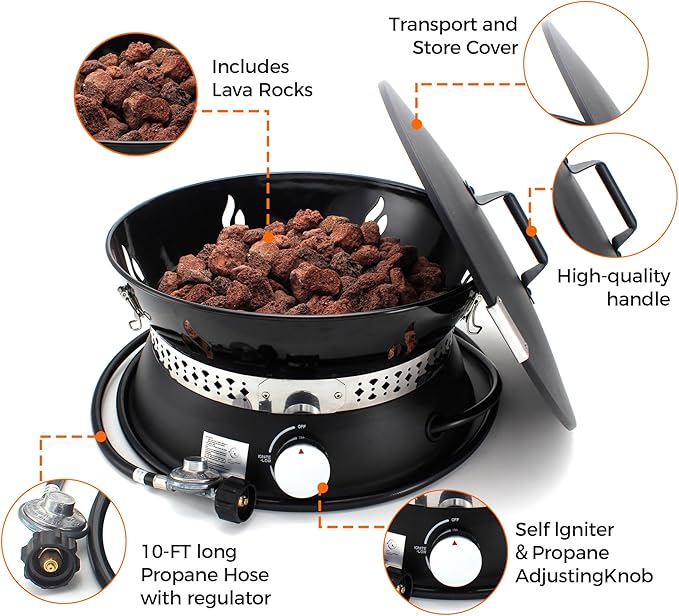 19" Propane Gas Fire Pit with Auto Flame-Out Gas Shut-Off, Portable with Lid & Carry Handle, 58,000 BTU, 10 FT Hose, 8 lb Lava Rocks for Camping, RV, Patio, Backyard,Propane Fire Pit for Camping