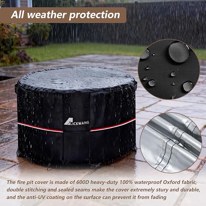 Fire Pit Cover Round 54 Inch Waterproof,Outdoor Heavy Duty Durable 600D Tear-Resistant Fire Pit Table Cover,Patio Round Firepit Cover 54" D x 24" H, Black
