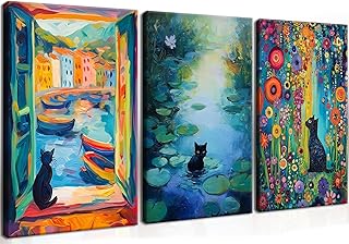 MUWAK Framed Funny Monet Black Cat Canvas Wall Art – Whimsical Matisse Cat Artwork Prints Wall Decor, Cute Animal Aesthetic Garden Pictures for Living Room Bedroom Kids' Room – 16x24in