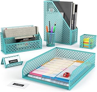 ARTEZA 6-Piece Teal Desk Accessories Set, Essential Desktop Organizer for Home Office, Includes Paper Organizer, Pencil Holder, Letter Sorter & More, Teal Office Supplies