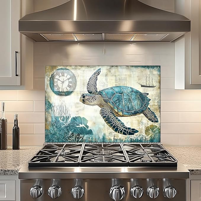 fzxwyishu Beach turtle Tempered Glass Kitchen Backsplash, Stove Back Top Cover, Splashback Tile, Kitchen Sink Cover Splash Guard, Home Kitchen Decor (30"x18"(76.2x45.72cm))
