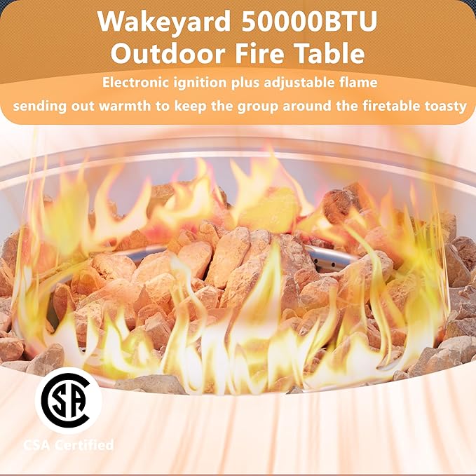 32.5 inch Round Propane Fire Pit, 50000 BTU Gas Fire Pit Table with Steel Lid, Waterproof Cover, 10ft Gas Hose & Gas Tank Base, Lava Rocks, White