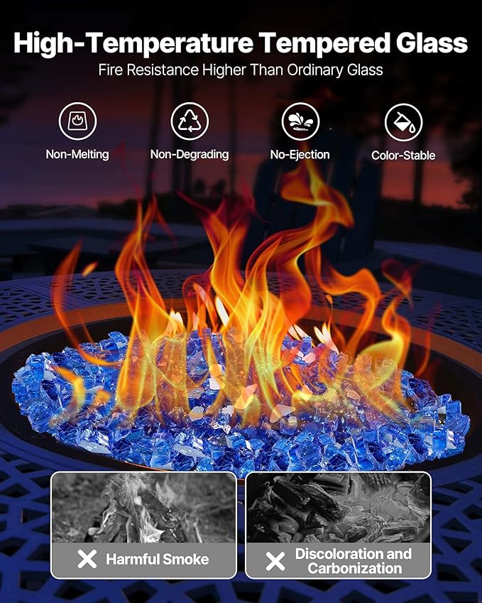 VEVOR Fire Glass, 10 lbs, Cobalt Blue, 1/2 Inch High-Temperature Resistant Reflective Glass Rocks, Smokeless Fire Pit Stones for Outdoor Table & Landscaping