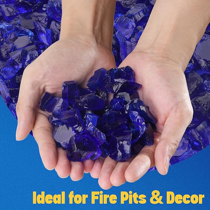 Mr. Fireglass Crushed Fire Glass for Natural or Propane Fire Pit, 10 Pounds Decorative Recycled Fireplace Glass Rocks for Fire Pit Fireplace and Landscaping, High Luster Cobalt Blue