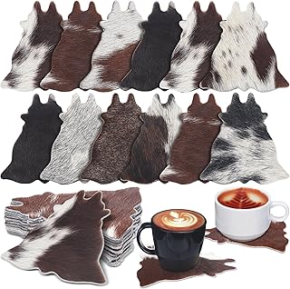 Hushee 12 Pcs Cowhide Coasters Round Natural Leather Cowhide Drink Coasters for Tea Cup Living Room Office Desk Decoration (Cow Shape)