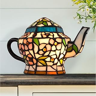 Teapot Lamp-Tiffany Style Stained Glass Table or Desk Light LED Bulb Included-Vintage Look Colorful Accent Décor for Home or Office by Lavish Home