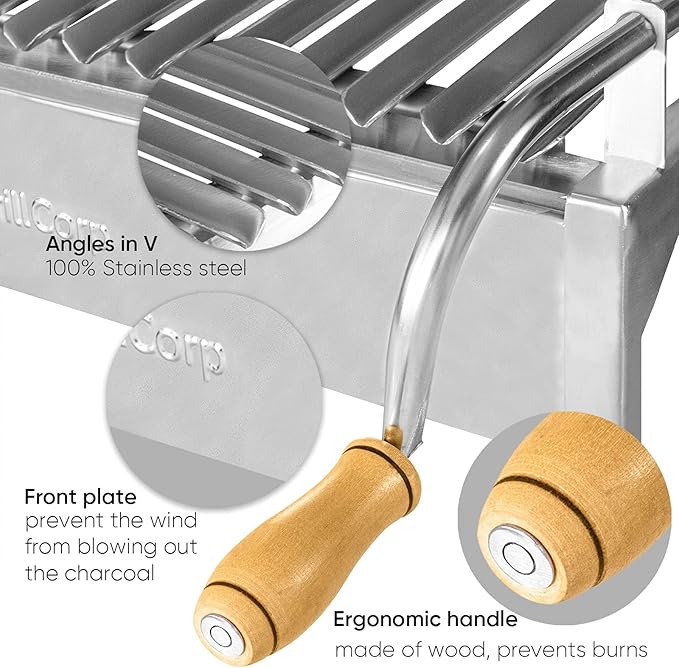 Junior Argentine Grill – Portable & Built-in 100% Stainless Steel BBQ with Lifting System & Drip Pan – Fits Junior Grillcorp Roasting Box – Outdoor Cooking & Camping Accessory