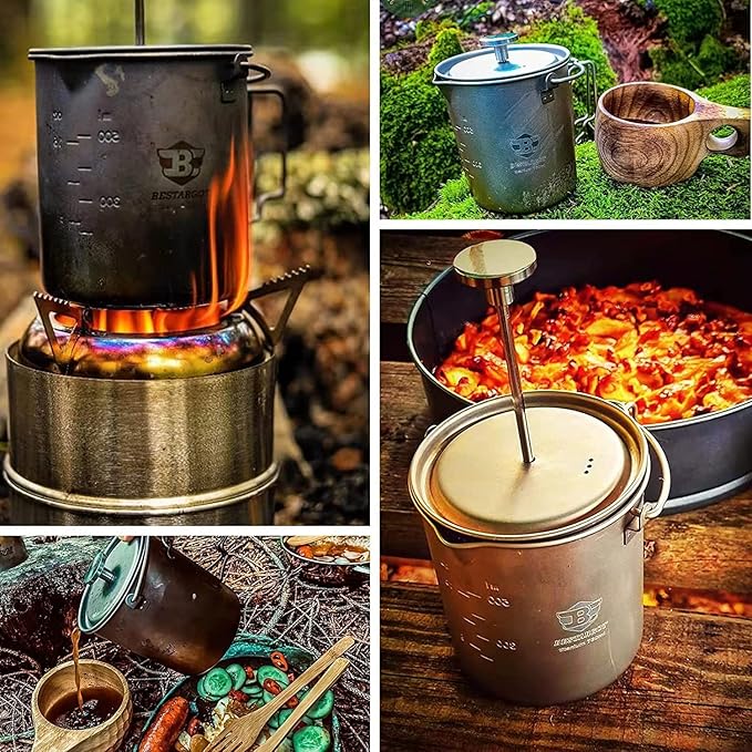 Bestargot Titanium Pot 750ml, Portable French Press | Ultralight Camping Pot for Coffee, Cooking & Survival | Compatible with Camp Stoves
