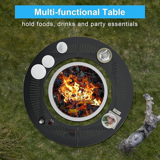 LS'BABQ 40" Fire Pit Surround Tabletop with Waterproof Cover for Solo Stove Bonfire & Ranger, Round Outdoor Fire Pit Table for Most Wood-Burning Stoves Under 22" Dia for Camping, Powder-Coated Steel
