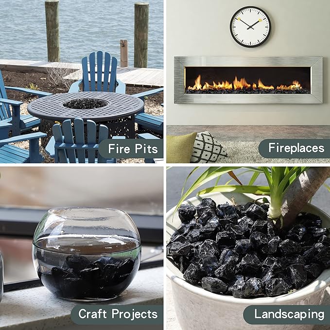 Mr. Fireglass Crushed Fire Glass for Natural or Propane Fire Pit,10 Pounds Decorative Recycled Glass Rocks for Fireplace and Landscaping, High Luster Black