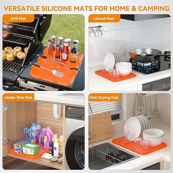 Silicone Griddle Tool Mat for Blackstone Side Shelf with 5 Removable Silicone Grill Tools Holders–Spatula Holders & Utensil Rests with Thermometer Slots, Drain Mat for BBQ Accessories Orange 12x16Inch