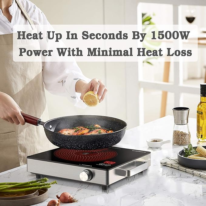 Hot Plate Electric Single Burner 1500W Portable Burner for Cooking with Adjustable Temperature & Stay Cool Handles, Stainless Steel Easy To Clean, Non-Slip Rubber Feet, Compatible for All Cookwares